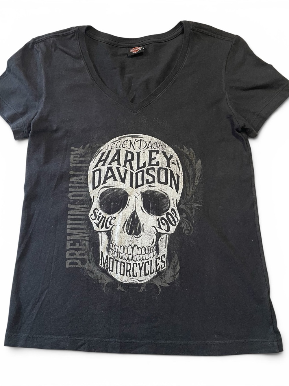 Harley-Davidson Black V-Neck Tee with Large Skull Graphic. Size S or M